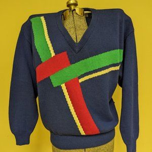 Vintage Men's Par 4 Golf Sweater Geometric Pattern V-Neck Sz L --XXL 80s Vibe